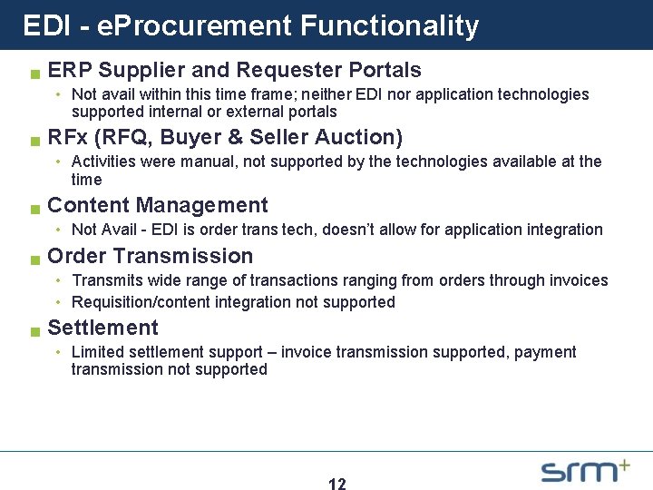 EDI - e. Procurement Functionality g ERP Supplier and Requester Portals • Not avail