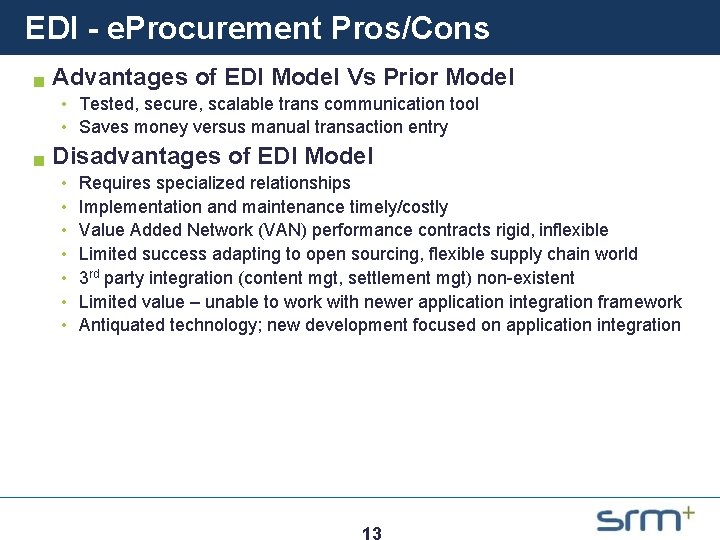 EDI - e. Procurement Pros/Cons g Advantages of EDI Model Vs Prior Model •