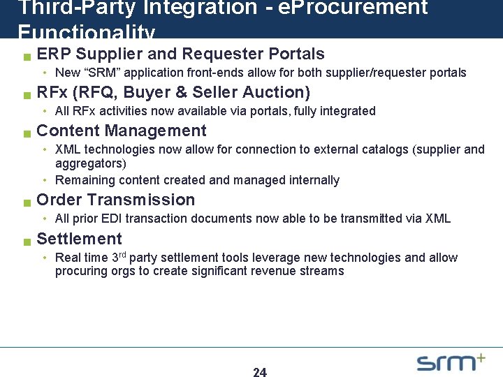 Third-Party Integration - e. Procurement Functionality g ERP Supplier and Requester Portals • New