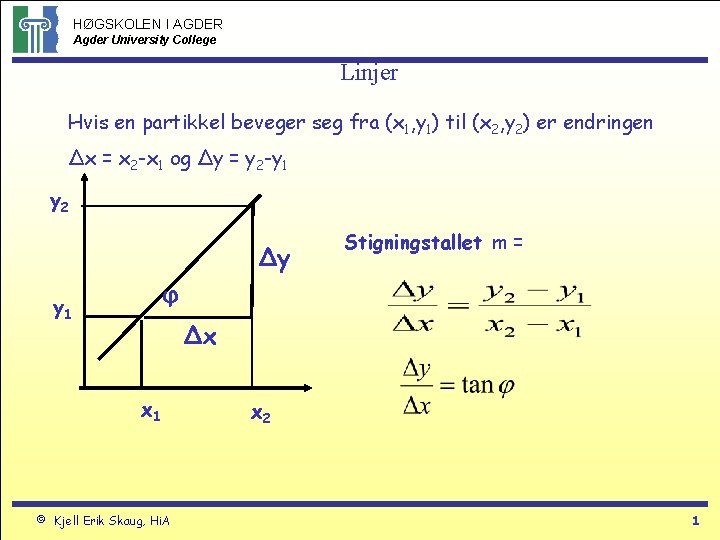 HØGSKOLEN I AGDER Agder University College Linjer Hvis en partikkel beveger seg fra (x