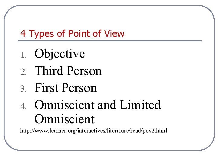 4 Types of Point of View 1. 2. 3. 4. Objective Third Person First