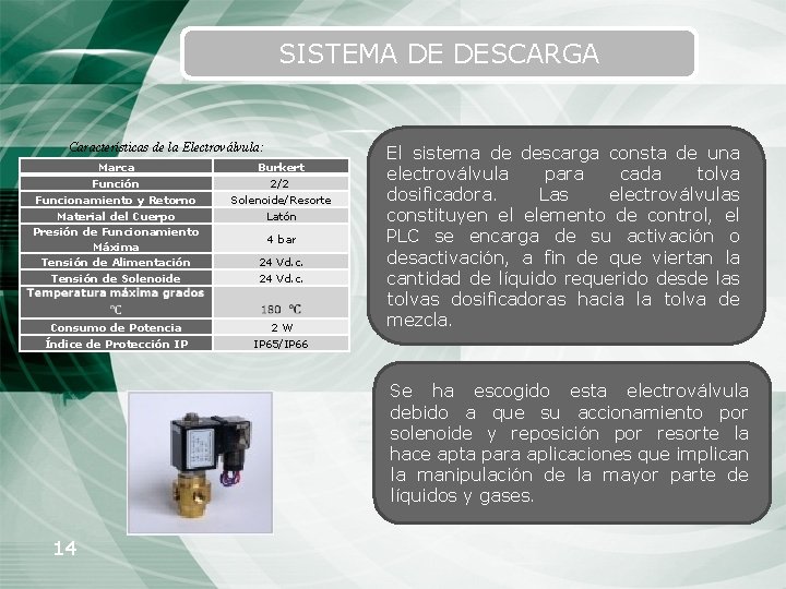 SISTEMA DE DESCARGA Características de la Electroválvula: Marca Función Funcionamiento y Retorno Material del