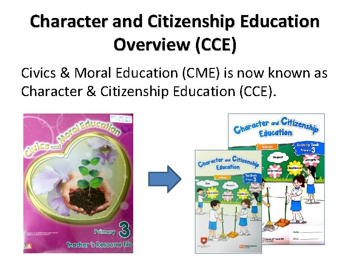 Character and Citizenship Education Overview (CCE) Civics & Moral Education (CME) is now known