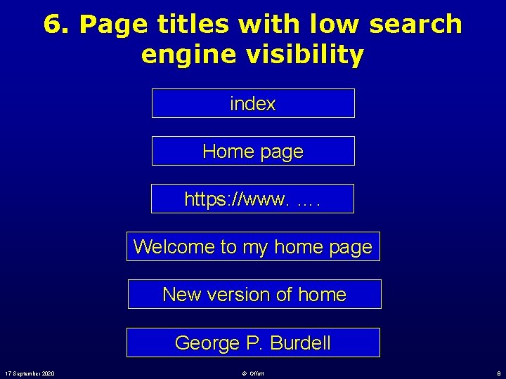 6. Page titles with low search engine visibility index Home page https: //www. ….