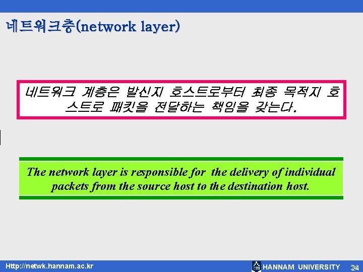 네트워크층(network layer) 네트워크 계층은 발신지 호스트로부터 최종 목적지 호 스트로 패킷을 전달하는 책임을 갖는다.