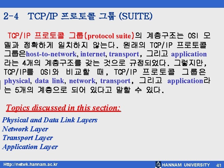 2 -4 TCP/IP 프로토콜 그룹 (SUITE) TCP/IP 프로토콜 그룹(protocol suite)의 계층구조는 OSI 모 델과