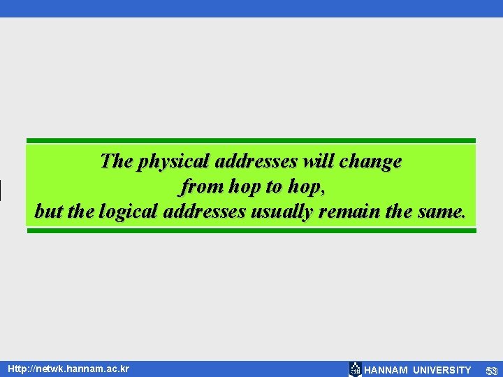 The physical addresses will change from hop to hop, but the logical addresses usually