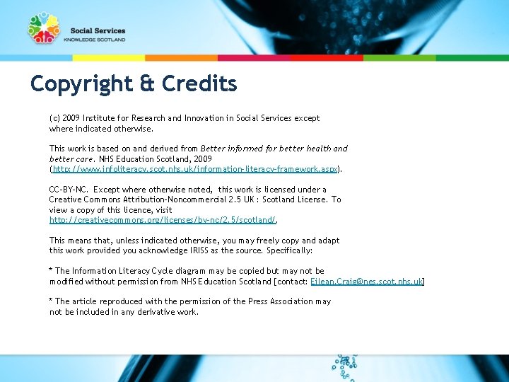 Copyright & Credits (c) 2009 Institute for Research and Innovation in Social Services except