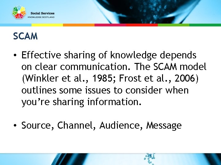 SCAM • Effective sharing of knowledge depends on clear communication. The SCAM model (Winkler