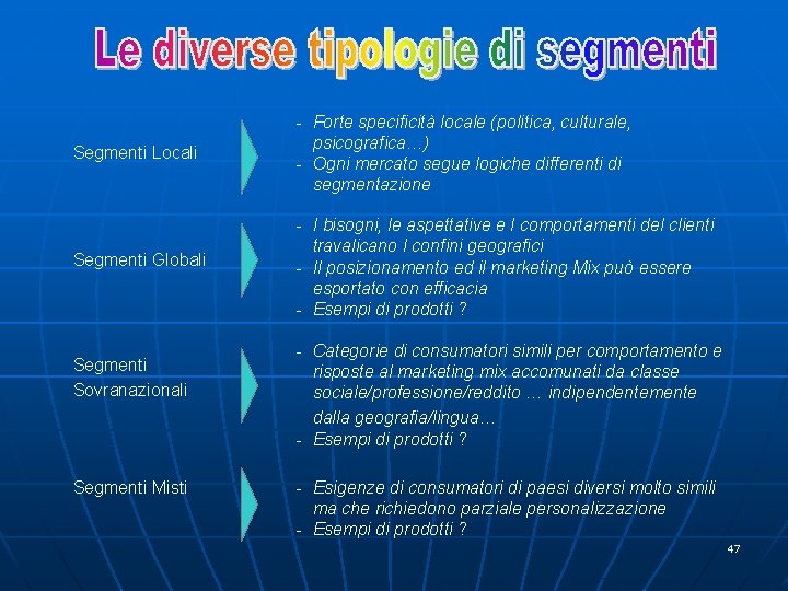 Segmenti Locali - Forte specificità locale (politica, culturale, psicografica…) - Ogni mercato segue logiche