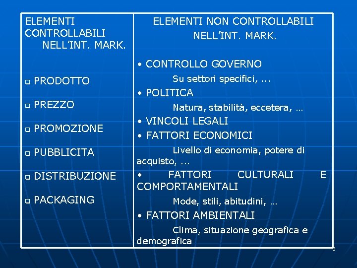 ELEMENTI CONTROLLABILI NELL’INT. MARK. ELEMENTI NON CONTROLLABILI NELL’INT. MARK. • CONTROLLO GOVERNO PRODOTTO q