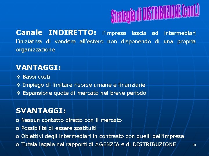 Canale INDIRETTO: l’impresa lascia ad intermediari l’iniziativa di vendere all’estero non disponendo di una