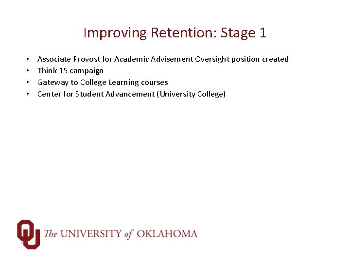 Improving Retention: Stage 1 • • Associate Provost for Academic Advisement Oversight position created
