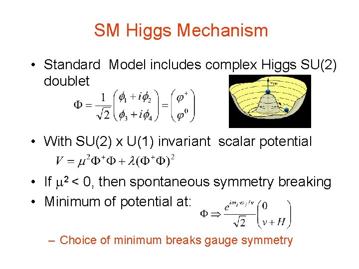 SM Higgs Mechanism • Standard Model includes complex Higgs SU(2) doublet • With SU(2) SM Higgs Mechanism • Standard Model includes complex Higgs SU(2) doublet • With SU(2)