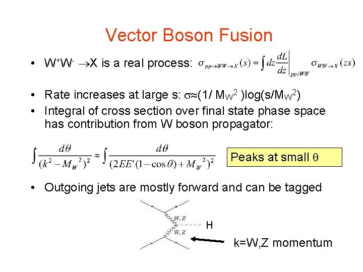 Vector Boson Fusion • W+W- X is a real process: • Rate increases at Vector Boson Fusion • W+W- X is a real process: • Rate increases at
