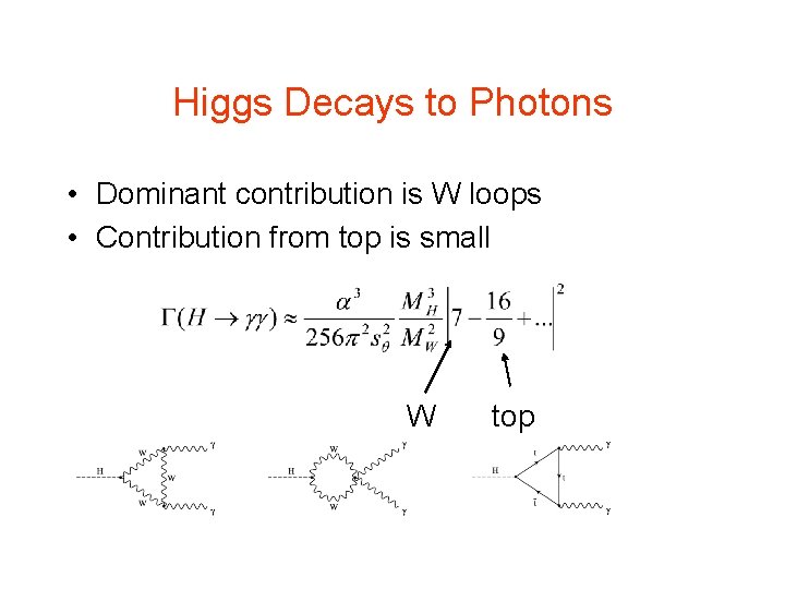Higgs Decays to Photons • Dominant contribution is W loops • Contribution from top Higgs Decays to Photons • Dominant contribution is W loops • Contribution from top