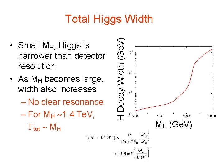 • Small MH, Higgs is narrower than detector resolution • As MH becomes • Small MH, Higgs is narrower than detector resolution • As MH becomes