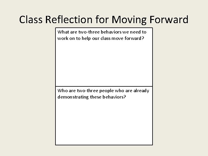 Class Reflection for Moving Forward What are two-three behaviors we need to work on