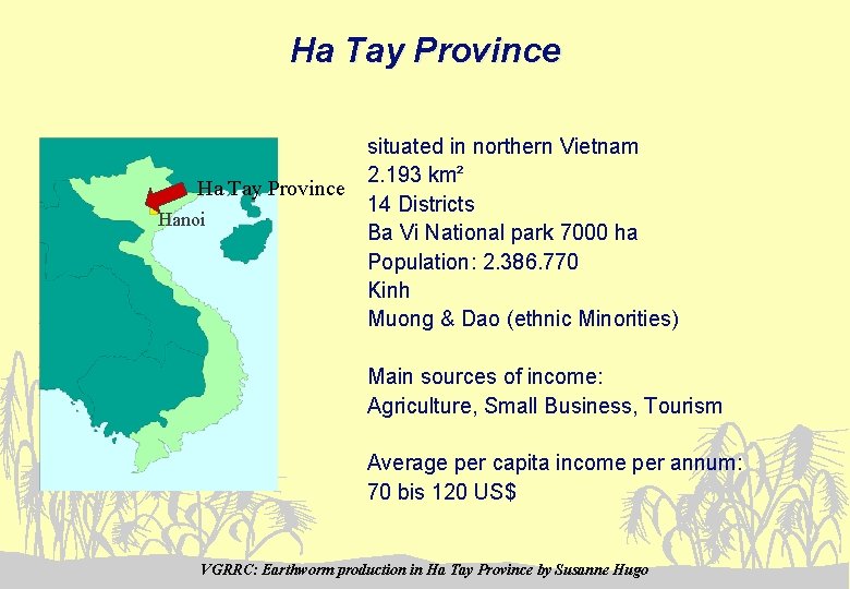 Ha Tay Province Hanoi situated in northern Vietnam 2. 193 km² 14 Districts Ba