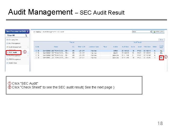 Audit Management – SEC Audit Result ① ② ① Click “SEC Audit” ② Click