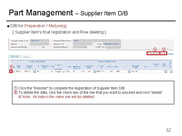 Part Management – Supplier Item D/B ■ D/B for Preparation / Mixture(g) [ Supplier