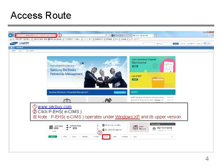 Access Route ① ① www. secbuy. com ② Click P-EHS( e-CIMS ) ※ Note