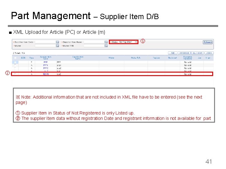 Part Management – Supplier Item D/B ■ XML Upload for Article (PC) or Article