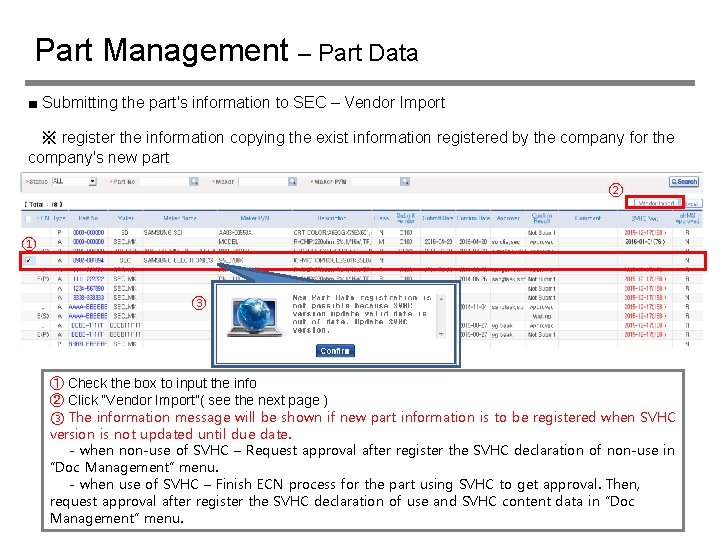 Part Management – Part Data ■ Submitting the part's information to SEC – Vendor