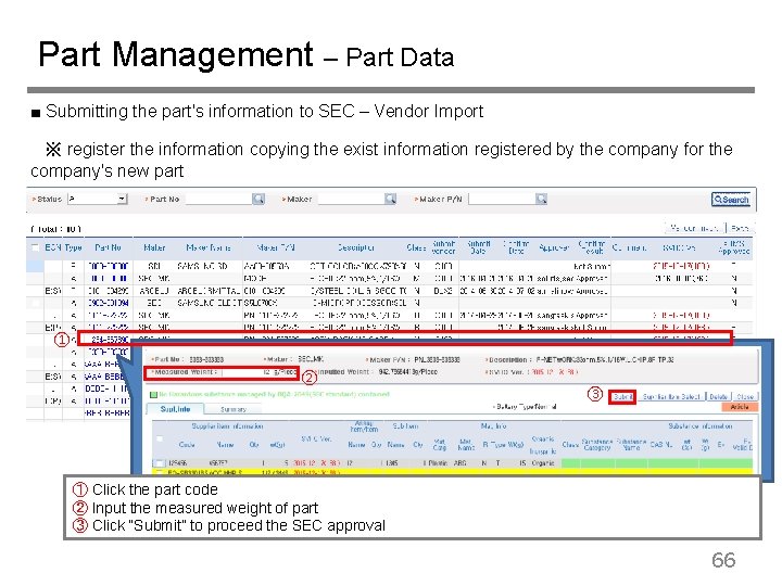 Part Management – Part Data ■ Submitting the part's information to SEC – Vendor