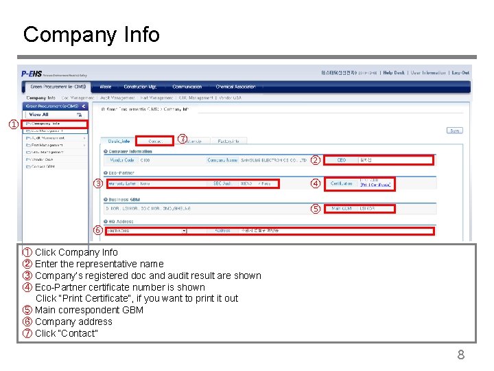 Company Info ① ⑦ ② ③ ④ ⑤ ⑥ ① Click Company Info ②