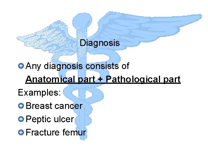 Diagnosis Any diagnosis consists of Anatomical part + Pathological part Examples: Breast cancer Peptic