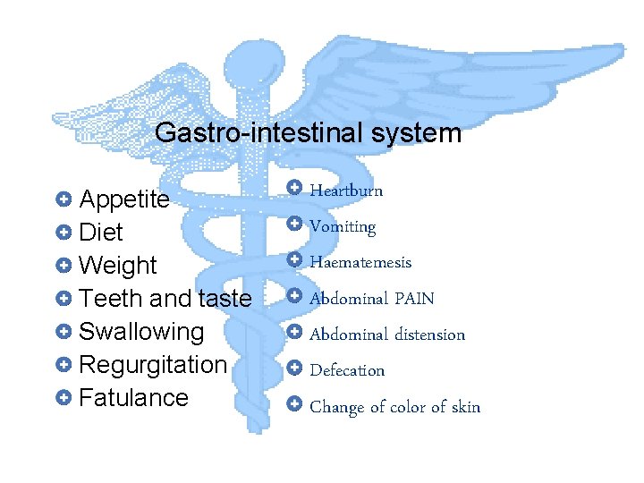 Gastro-intestinal system Appetite Diet Weight Teeth and taste Swallowing Regurgitation Fatulance Heartburn Vomiting Haematemesis