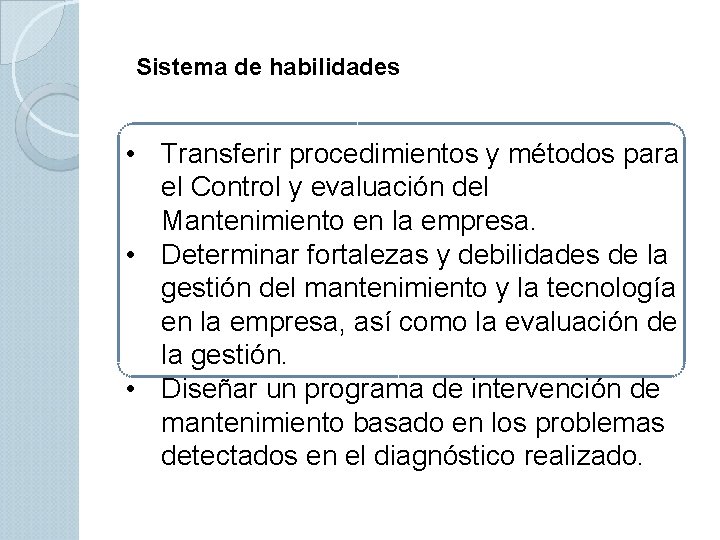 Sistema de habilidades • Transferir procedimientos y métodos para el Control y evaluación del Sistema de habilidades • Transferir procedimientos y métodos para el Control y evaluación del
