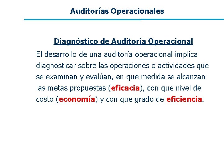 Auditorías Operacionales Diagnóstico de Auditoría Operacional El desarrollo de una auditoría operacional implica diagnosticar Auditorías Operacionales Diagnóstico de Auditoría Operacional El desarrollo de una auditoría operacional implica diagnosticar