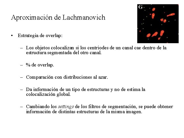 Aproximación de Lachmanovich • Estrategia de overlap: – Los objetos colocalizan si los centriodes