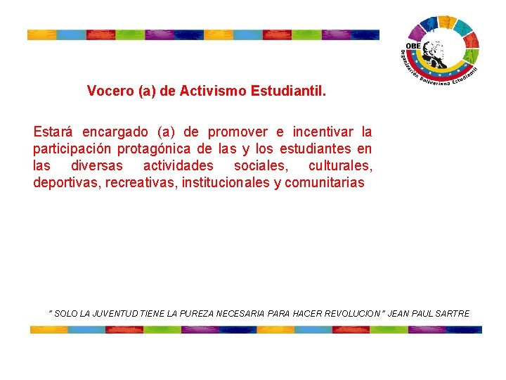 Vocero (a) de Activismo Estudiantil. Estará encargado (a) de promover e incentivar la participación Vocero (a) de Activismo Estudiantil. Estará encargado (a) de promover e incentivar la participación