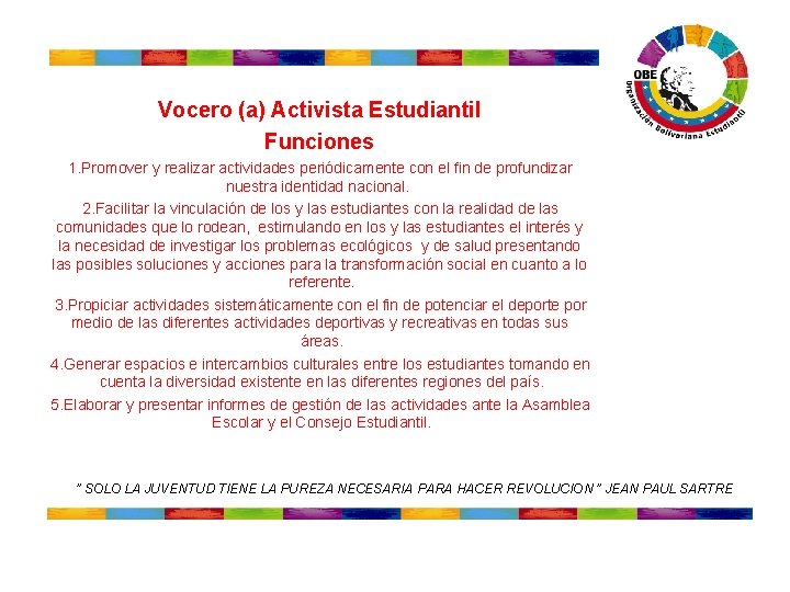 Vocero (a) Activista Estudiantil Funciones 1. Promover y realizar actividades periódicamente con el fin Vocero (a) Activista Estudiantil Funciones 1. Promover y realizar actividades periódicamente con el fin
