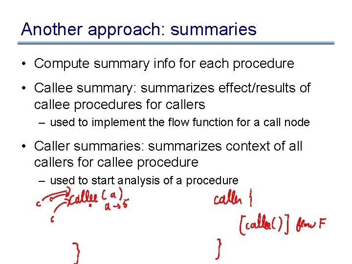 Another approach: summaries • Compute summary info for each procedure • Callee summary: summarizes