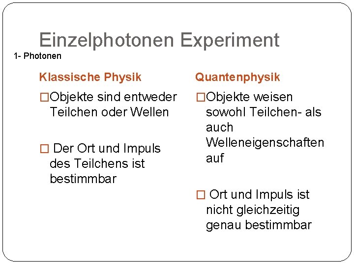 Einzelphotonen Experiment 1 - Photonen Klassische Physik Quantenphysik �Objekte sind entweder �Objekte weisen Teilchen