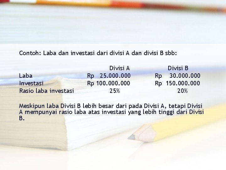 Contoh: Laba dan investasi dari divisi A dan divisi B sbb: Laba Investasi Rasio