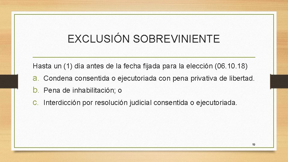 EXCLUSIÓN SOBREVINIENTE Hasta un (1) día antes de la fecha fijada para la elección