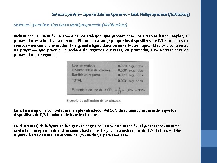 Sistema Operativo – Tipos de Sistemas Operativos – Batch Multiprogramado (Multitasking) Sistemas Operativos Tipo