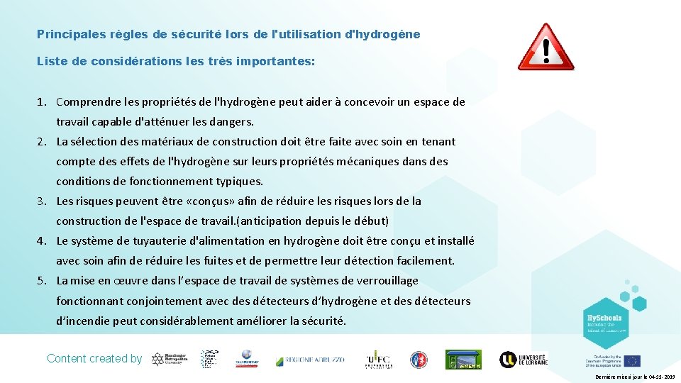 Principales règles de sécurité lors de l'utilisation d'hydrogène Liste de considérations les très importantes: