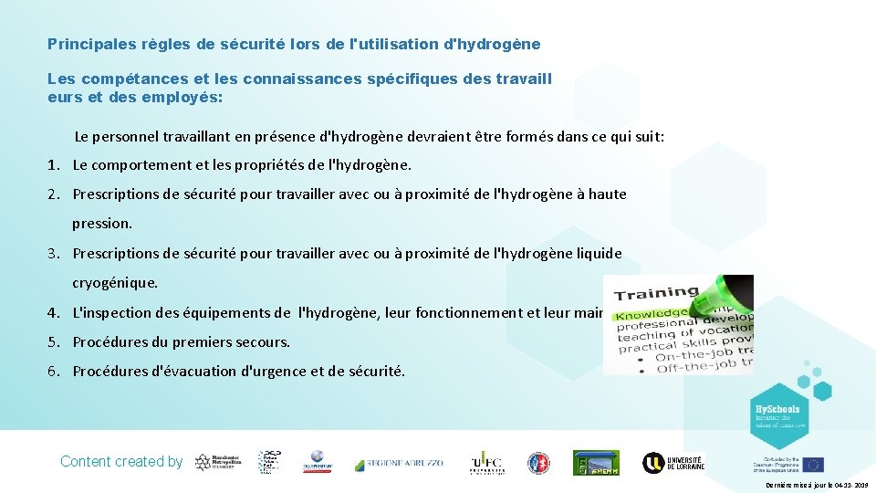 Principales règles de sécurité lors de l'utilisation d'hydrogène Les compétances et les connaissances spécifiques