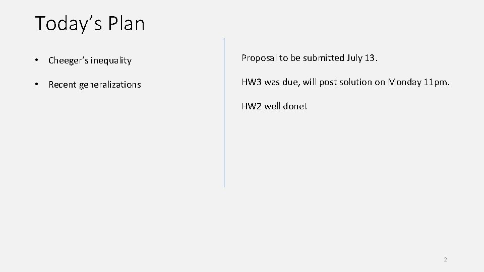 Today’s Plan • Cheeger’s inequality Proposal to be submitted July 13. • Recent generalizations