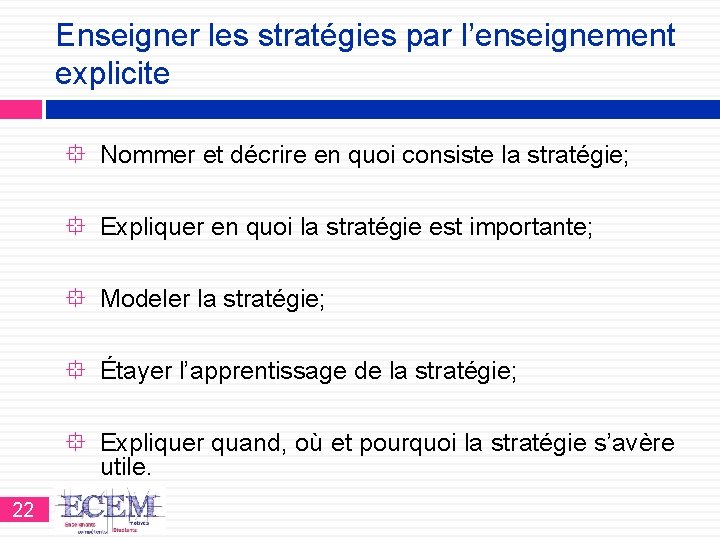 Enseigner les stratégies par l’enseignement explicite Nommer et décrire en quoi consiste la stratégie;