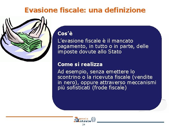 Evasione fiscale: una definizione Cos’è L’evasione fiscale è il mancato pagamento, in tutto o