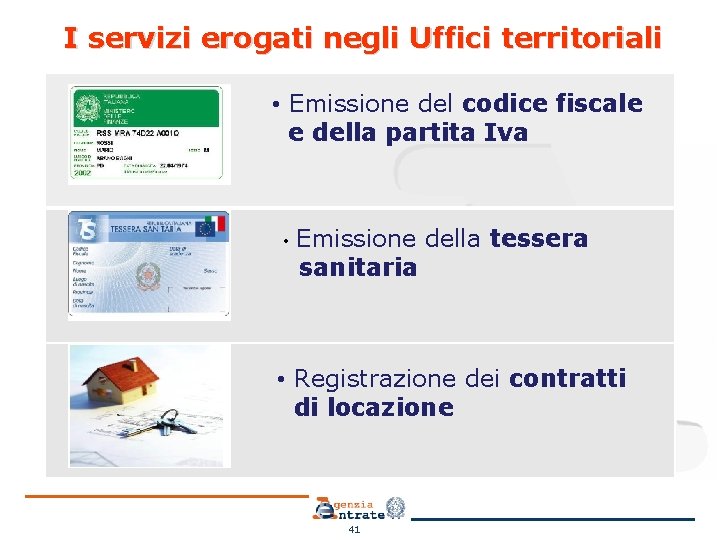 I servizi erogati negli Uffici territoriali • Emissione del codice fiscale e della partita