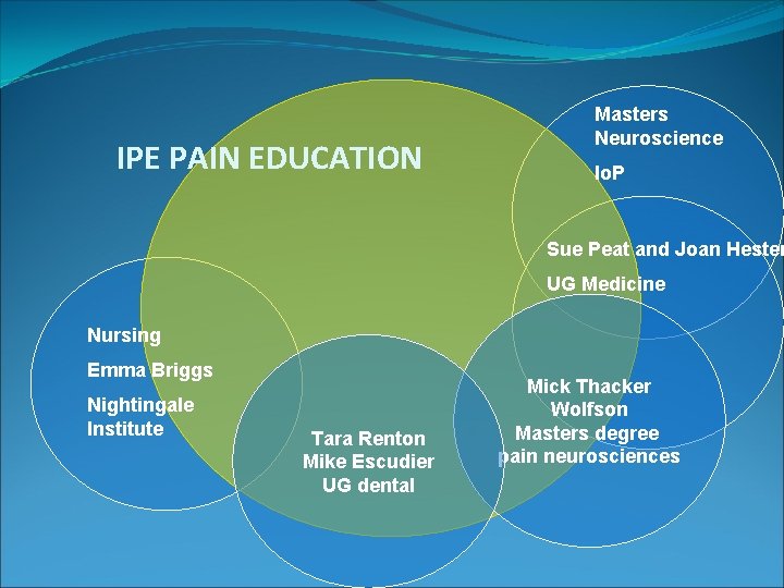 IPE PAIN EDUCATION Masters Neuroscience Io. P Sue Peat and Joan Hester UG Medicine