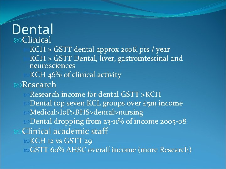 Dental Clinical KCH > GSTT dental approx 200 K pts / year KCH >